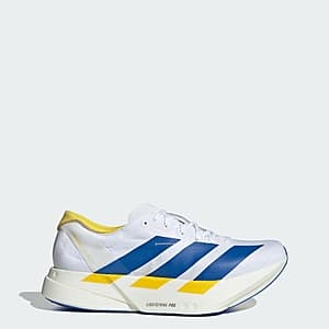 adidas men's ADIZERO ADIOS PRO 4 running shoe in Cloud White with blue and yellow accent details.