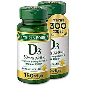 Select Accts: 2-Pk 150-Ct Nature's Bounty 50mcg (2000IU) Vitamin D3 Softgels $7.45 w/ S&S