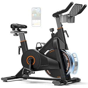 CURSOR FITNESS stationary exercise bike with magnetic resistance in black and orange colorway, featuring a compact frame design suitable for home fitness.