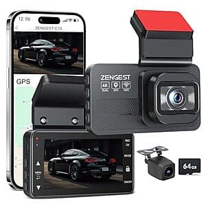Zengest 4K+1080P Dual Dash Cam w/ GPS, 5G WiFi, ADAS & 64GB Card $36 + Free S&H