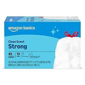 Prime Members: 45-Ct Amazon Basics Tall Kitchen Drawstring Trash Bags $4.60 w/ S&S + Free S&H