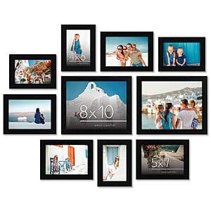 Ten black glass picture frames in varying sizes arranged in a display set.