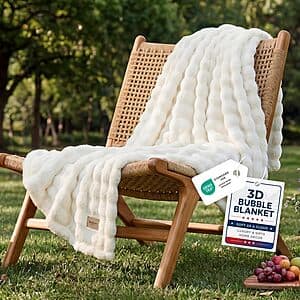 Off-white Bedsure 3D fleece bubble throw blanket with textured quilted surface, 50 inches by 60 inches.