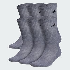 Six-pack of adidas Men's Athletic Cushioned Crew Socks in Medium Grey Heather and Black colorway.