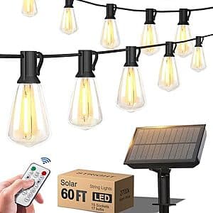 60' Stright Solar Powered LED Outdoor Edison Bulb String Lights w/ Remote $17.45