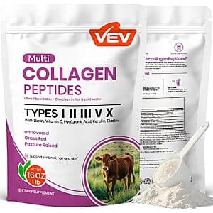 16-ounce container of unflavored VEV Multi Collagen Peptides Powder with hyaluronic acid, biotin, and vitamin C.