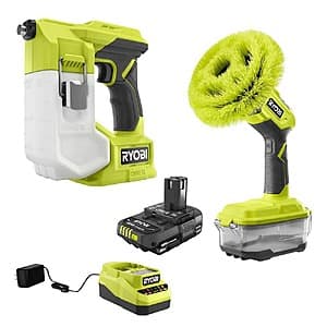 RYOBI ONE+ 18V cordless power scrubber and handheld chemical sprayer with 2.0 Ah battery and charger included.