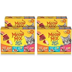 Select Accts: 12-Pk 2.75-Oz Meow Mix Surf n’ Turf Patés Wet Cat Food (Variety Pack) $4.60 w/ S&S