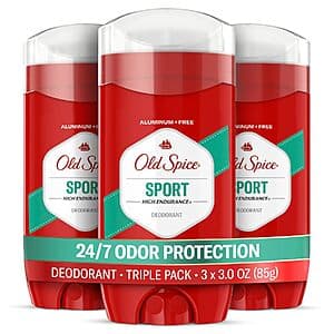 Three-pack of Old Spice Aluminum Free Sport Scent Deodorant sticks for men, 3 oz each, in Sport Scent formula.