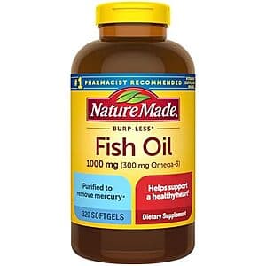 Two bottles of Nature Made Burp-Less Fish Oil 1000mg softgels with 320-count package labeling.