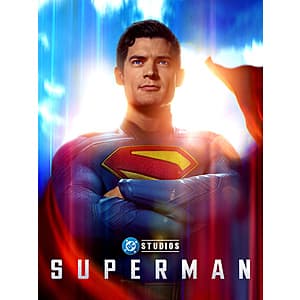 Superman 2025 4K movie poster featuring the protagonist in costume against a dramatic background.