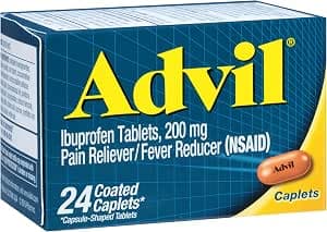 Box of Advil Ibuprofen 200mg pain relief caplets containing 24 count caplets.
