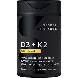 60-Ct Sports Research Vitamin D3 5000IU w/ 100mg K2 Vegan Softgels Supplements $7.20 w/ Subscribe & Save & More