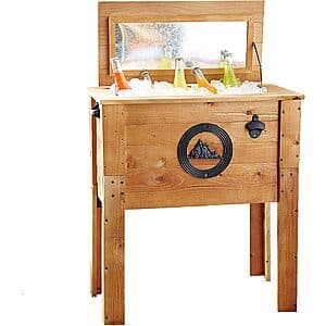 Rustic wooden patio cooler with plastic insulated liner and integrated bottle opener, suitable for outdoor entertaining.