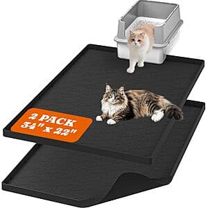 Two black waterproof silicone cat litter mats, each 34" x 22" with non-slip surface.