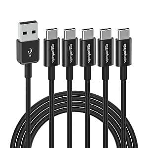 5-Pack 6' Amazon Basics USB-C to USB-A 2.0 15W Fast Charger Cables $10