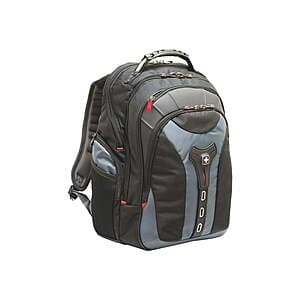 Swiss Gear Pegasus black laptop backpack with multiple pockets and compartments, designed for 17-inch laptops with dedicated tablet storage.