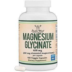 180-count bottle of Double Wood Supplements Magnesium Glycinate capsules.