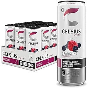 12-Pk 12-Oz CELSIUS Sparkling Sugar Free Energy Drink (Playa Vibe or Wild Berry) $14.25 w/ S&S