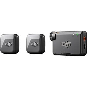 DJI Mic Mini wireless microphone system showing 2 small omnidirectional lavalier transmitter units and 1 receiver unit with compact form factor.