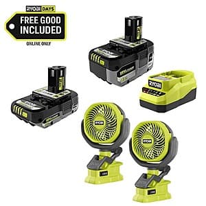 RYOBI ONE+ 18V 4.0 Ah + 2.0 Ah Batteries + Charger + 2-Pk 4" Cordless Clamp Fans $99 + Free S&H