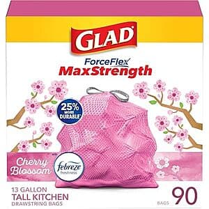 90-Ct 13-Gal Glad ForceFlex MaxStrength Tall Kitchen Drawstring Trash Bags $11.40 w/ S&S