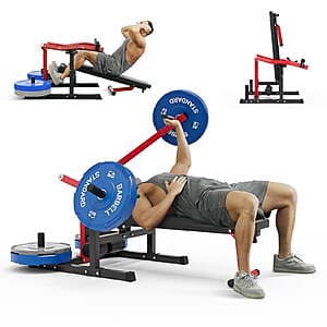 Syedee chest press machine with black frame, dual independent converging arms, and gray adjustable bench in flat position.