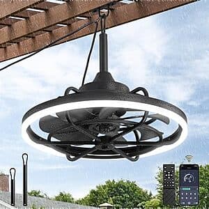 20-inch Fanbulous outdoor caged ceiling fan with integrated LED light, featuring black/dark finish with cage-style design suitable for covered outdoor spaces.