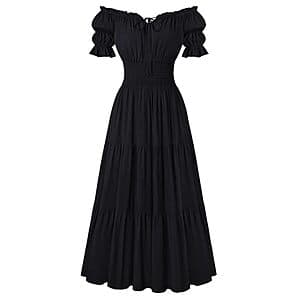 Scarlet Darkness off-shoulder puff sleeve dress with tiered skirt in Renaissance style, available in various colors.