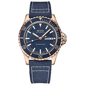 MIDO Ocean Star men's automatic watch with 40.5mm stainless steel case and matching bracelet featuring a striking blue dial.