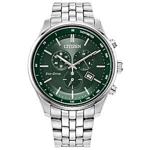 Citizen Men's 42mm green dial chronograph watch with stainless steel bracelet and case, featuring a date window and chronograph subdials.