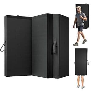 VEVOR tri-fold bouldering crash pad in tan/beige color with black backpack straps and waist belt, 5.5'x4'x5.1" when assembled.