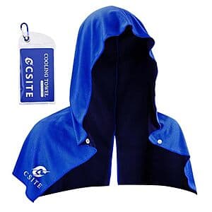 CSITE 29"x12" cooling hoodie towel in neutral tone with UPF 50 protection, designed to wrap around neck and face for sun protection during outdoor activities.