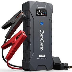 JOMGAND K15 portable jump starter with LCD display screen, featuring a compact design with integrated power bank and LED flashlight functions.