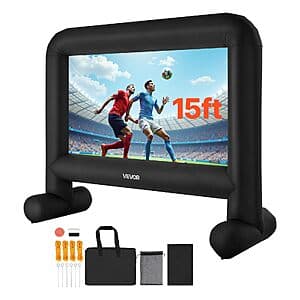 VEVOR inflatable movie screen in white/light color with 16:9 aspect ratio (8.62 x 4.82 ft) shown with portable storage bag.