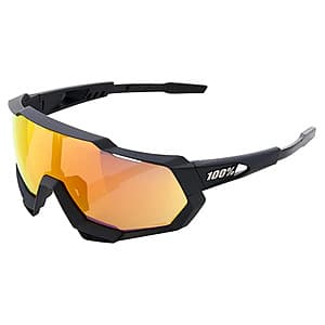 100% Speedtrap Shield Wrap sunglasses with wraparound design and multilayer mirror lens in various color combinations including black/red, white/blue, and mint/silver options.