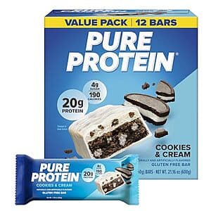 12-pack of Pure Protein Cookies and Cream flavor bars with individual 1.76 oz wrapped bars displayed.