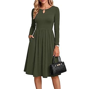 KIRUNDO Women's Midi Empire Waist Long Sleeve A-Line Dress in various colors, shown on a model or displayed flat.