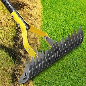 FullSeason 15-inch cog garden shower lawn thatch rake with metal head and handle.