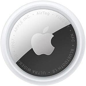 Small white circular Apple AirTag (2nd Generation) with Apple logo and metallic edge.