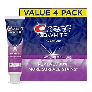 4-pk 3.7-oz Crest 3D White Advanced Toothpaste (Luminous Mint) $9.80 & More w/ Subscribe & Save