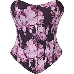 Scarlet Darkness women's strapless floral corset top with lace-up back in burgundy and floral print pattern, available in sizes 6–16.