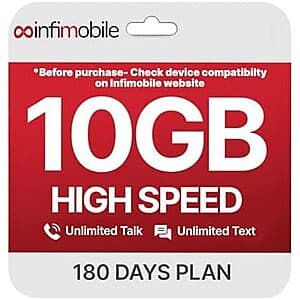 Prime: 6-Month Infimobile Prepaid Mobile Unlimited Talk/Text + 10GB Data/Month Plan $50 or less (New Customers) + Free S/H