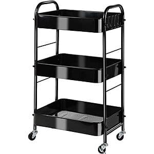 SUNLPH 3-Tier Metal Rolling Utility Cart w/ 4-Hooks (Black) $18.85