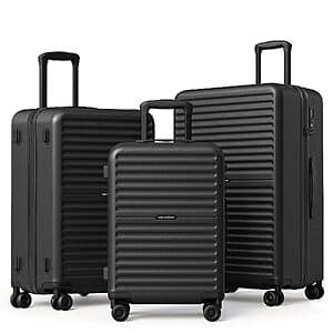 Three-piece hardside spinner luggage set in onyx black, showing 20-inch, 24-inch, and 28-inch suitcases with spinner wheels.