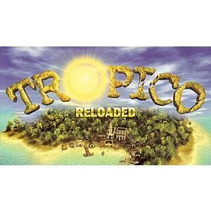 Tropico Reloaded game cover featuring a Caribbean island setting with tropical elements and strategy game graphics.