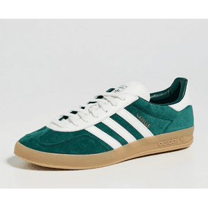 adidas Gazelle Indoor shoe in Aurora Ivy and white suede with gum rubber sole.