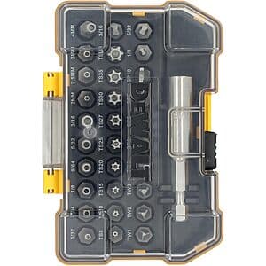 30-piece security bit set in a storage case or holder, displaying various Security Torx, Hex, Spanner, Tri-Wing, and Clutch bits with belt clip attachment.