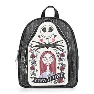Black mini backpack featuring Disney Nightmare Before Christmas Misfit Love design, 10 inches tall with adjustable shoulder straps and front zip pocket.