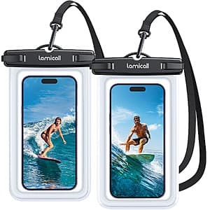 Two waterproof phone pouches in clear and black+pink variants, sized for 7-inch phones.